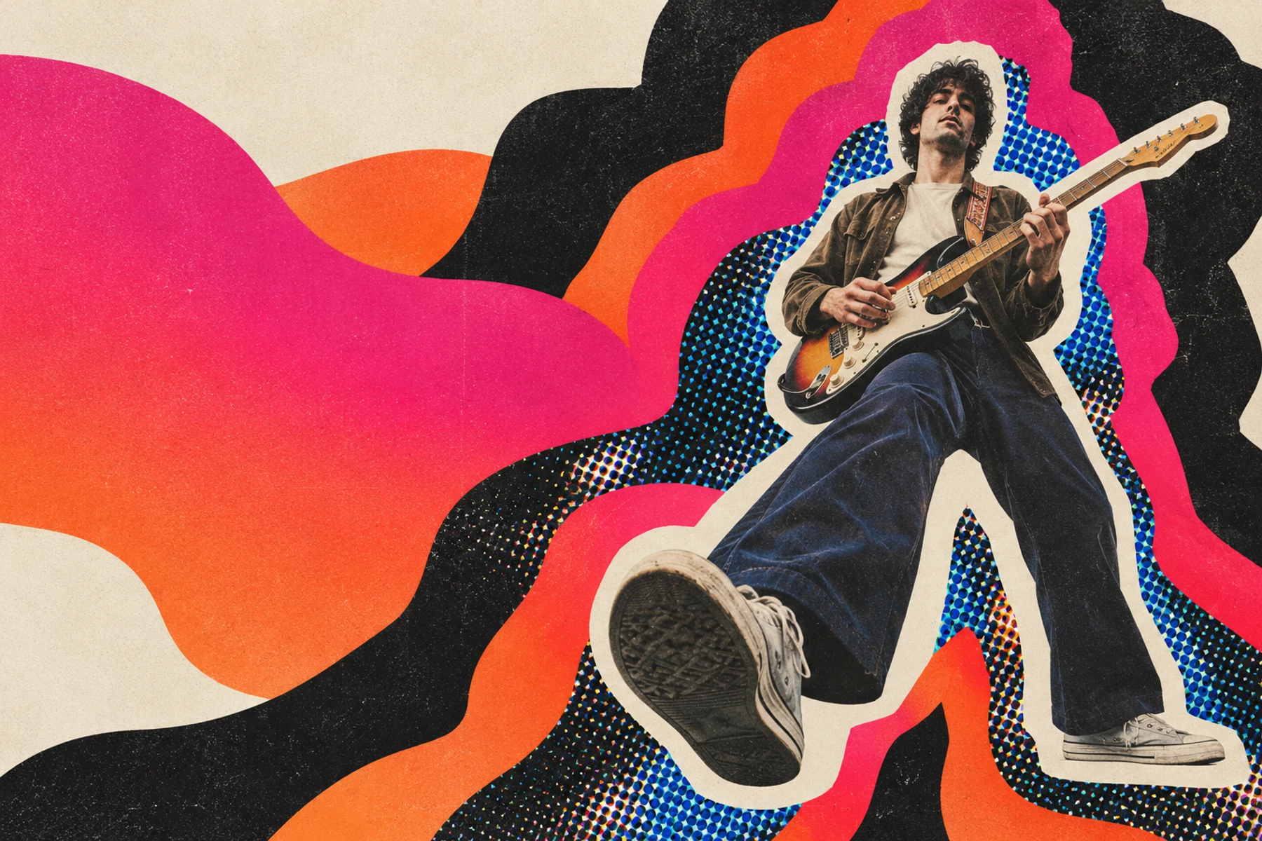 Guitarist in a colourful layered paper collage
