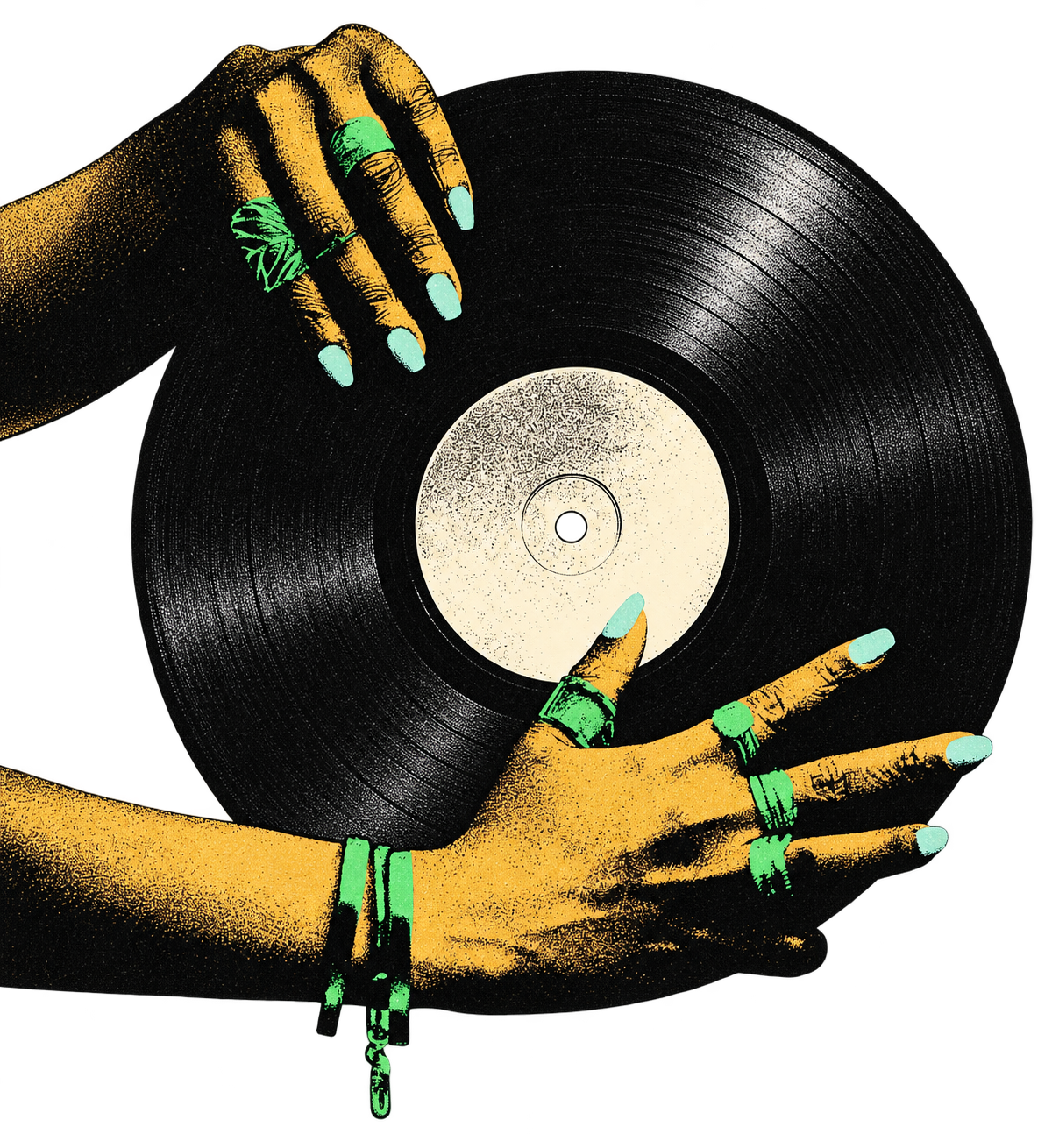 Illustrated hands holding a vinyl record